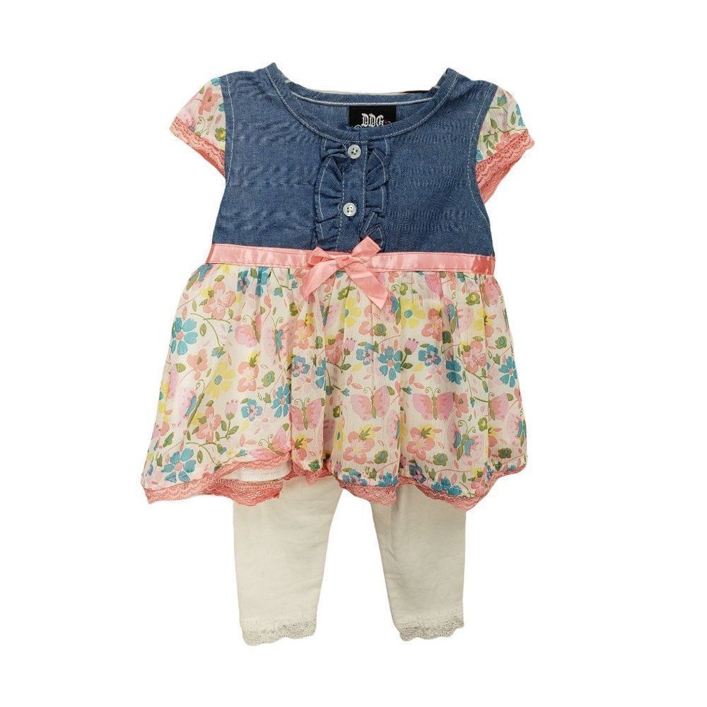 DDG Darling 12 months 2 piece outfit floral‎ denim white tights pink